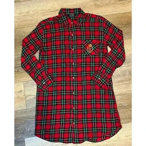 Lauren Ralph Lauren Womens Flannel Night Shirt Sz. Small | Red Tartan Plaid Xmas